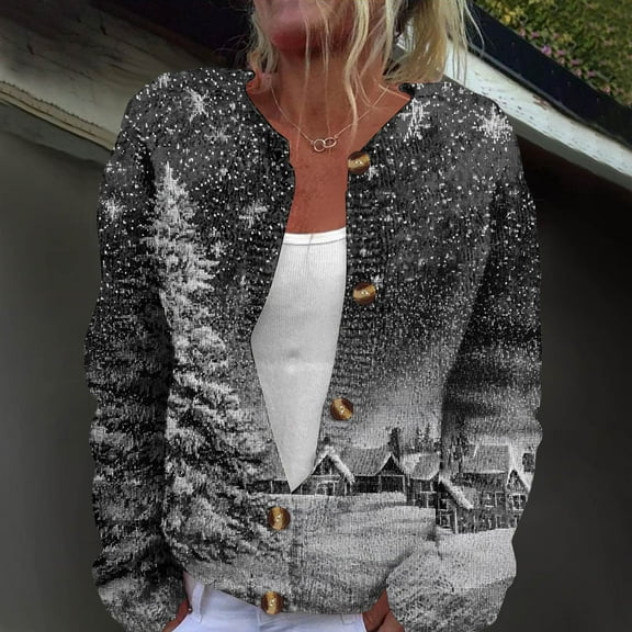 Domuza Women's Ugly Christmas Cardigan Sweaters Xmas Cute Patterns Long Sleeve Cable Knit Sweaters Fall Winter Casual Lightweight Button Up Clothes Dark Gray L