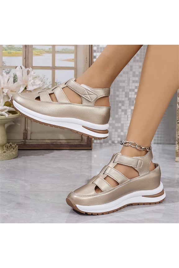 Women's Wedges Sandals 2026 summer Breathable Comfortable Platform Closed Toe Non Slip Sneakers Casual Hollow Out Sandals Gold 5(EU-35)