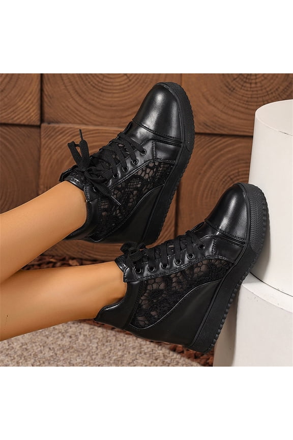 Women’s White Lace Invisible Wedge Sneakers, Breathable High-Top Hidden Heel Shoes with Floral Lace for Casual, Bridal, and All-Day Wear Black 5（EU-35）