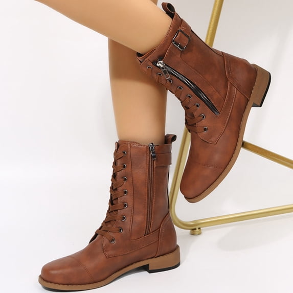 Domuza Womens 2026 Winter Boots Fashion Round Toe Lace Up Side Zipper Belt Buckle Block Chunky Low Heel Mid Calf Boots Brown 7.5(EU-39)