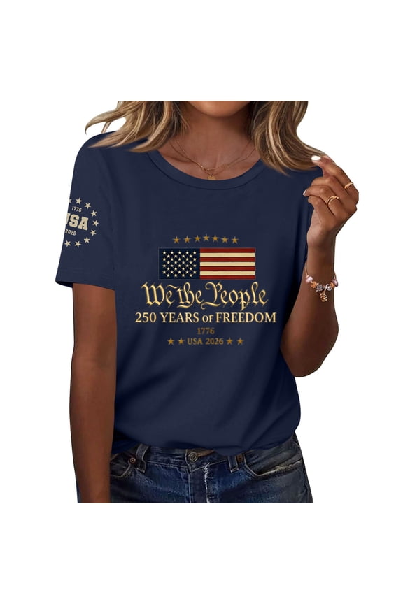 Womens 250 Anniversary USA Shirts Freedom Shirt American Flag Graphic Tees Casual Crew Neck Tshirt Navy 2XL
