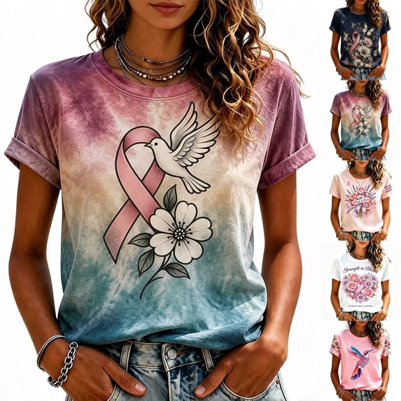 Domuza Womens Breast Cancer Awareness Shirts Cancer Survivor Short Sleeve Crew Neck Tee Shirts ,in October We Wear Pink Top XXL
