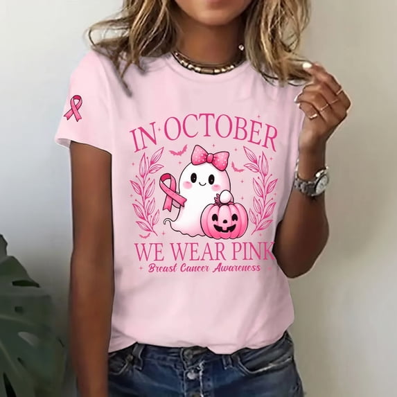 Domuza Womens Breast Cancer Shirts Hummingbird Print Cancer Survivor Short Sleeve Crew Neck T Shirts ,in October We Wear Pink T-Shirts S