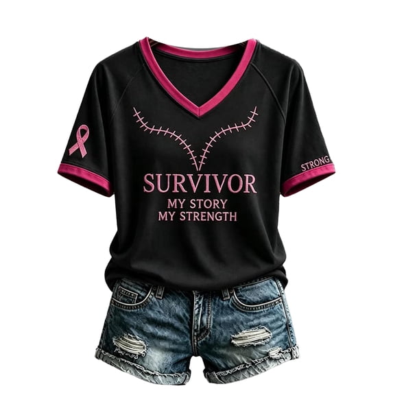 Domuza Womens Breast Cancer Shirts Pink Ribbon Wings Print Cancer Survivor Short Sleeve V-Neck Tshirts ,in October We Wear Pink Shirts M