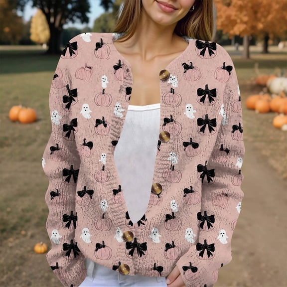 Domuza Womens Cardigan Sweaters Halloween Horror Funny Print Long Sleeve Cable Knit Sweaters Fall Winter Casual Lightweight Button Up Clothing Light pink S