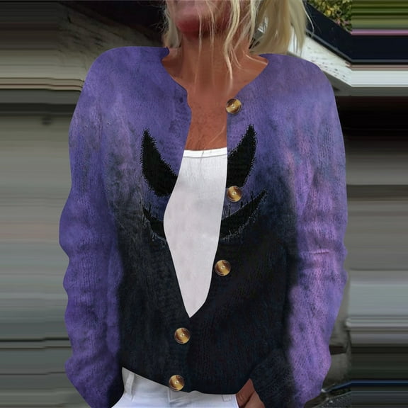 Domuza Womens Cardigan Sweaters Halloween Novelty Horror Print Long Sleeve Knitted Sweaters Fall Winter Casual Lightweight Button Down Tops Purple S