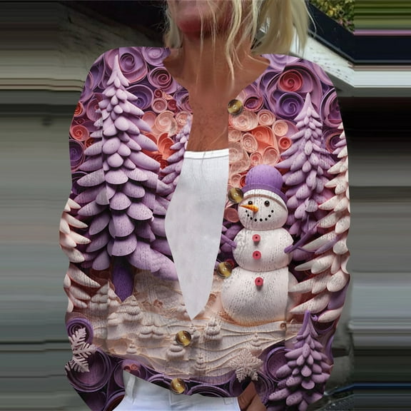 Domuza Womens Cardigan Sweaters Xmas Cute Print Long Sleeve Knitted Sweaters Fall Winter Lightweight Casual Button Up Blouse Light Purple XL