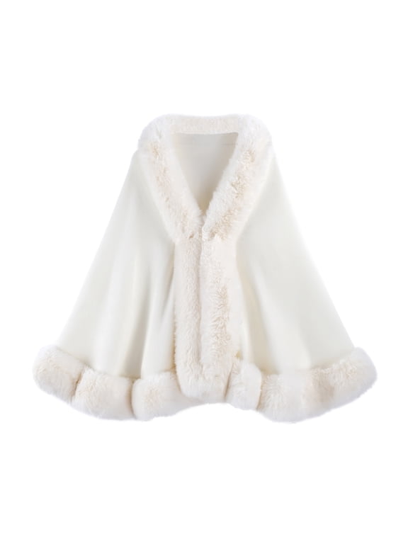 Womens Faux Fur Shawl Wrap Winter Warm Knitted Cardigan Jacket Evening Dresses Cape Shrug White