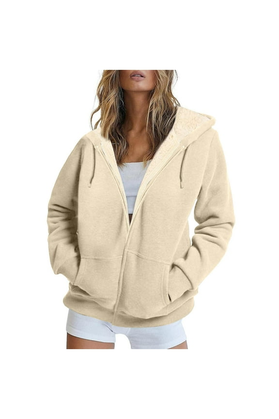 Womens Fleece Lined Zip Up Hoodie Fall Winter Thermal Sherpa Lined Hooded Jackets Fuzzy Comfy Soft Fashion Casual Outwear Coat Khaki M