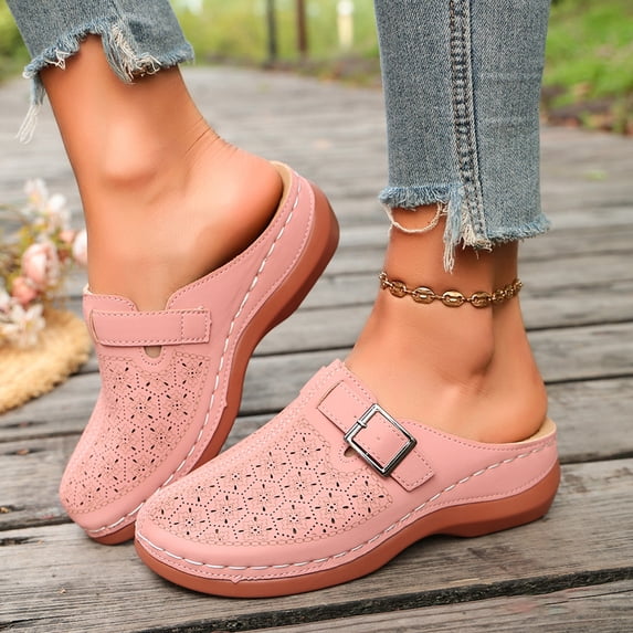 Domuza Womens Floral Hollow Cutout Slip On Mule Clogs, Adjustable Metal Buckle Wedge Platform Casual Breathable Walking Slide Sandals Pink 5.5(EU-36)