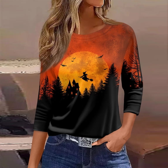 Domuza Womens Halloween Shirts Fall Casual Crew Neck Three-Quarter Sleeve T-Shirts Horror Novelty Print Vintage Pullover Halloween Costumes-D XL