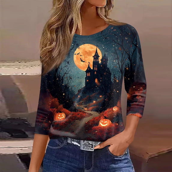 Domuza Womens Halloween Shirts Fall Casual Round Neck Three-Quarter Sleeve T-Shirt Novelty Spooky Print Vintage Tops Halloween Costumes-A XL