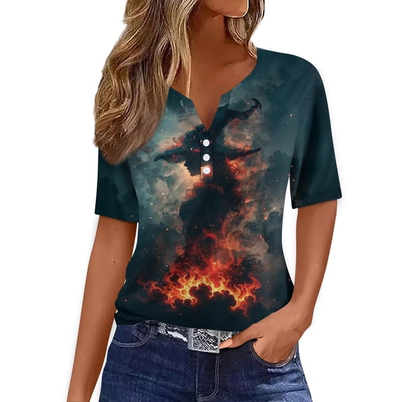 Domuza Womens Halloween Shirts Casual V Neck Short Sleeve Holiday Henley T Shirt Fall Spooky Funny Print Vintage Button Tops-C XL