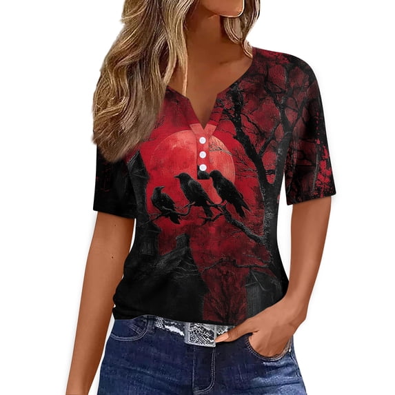 Domuza Womens Halloween Shirts Casual V Neck Short Sleeve Holiday Henley T Shirts Fall Funny Horror Graphics Vintage Button Up Blouse-H 2XL
