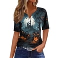thumbnail image 1 of Domuza Womens Halloween Shirts Casual V Neck Short Sleeve Holiday Henley T-Shirts Fall Funny Novelty Graphics Retro Button Up Pullover-B 3XL, 1 of 6