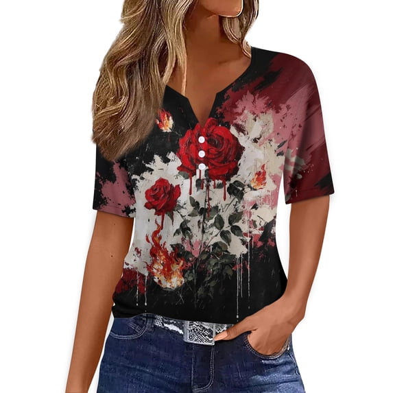 Domuza Womens Halloween Shirts V Neck Short Sleeve Casual Holiday Henley Tshirts 2026 Funny Spooky Graphics Vintage Button Up Tees-E XL