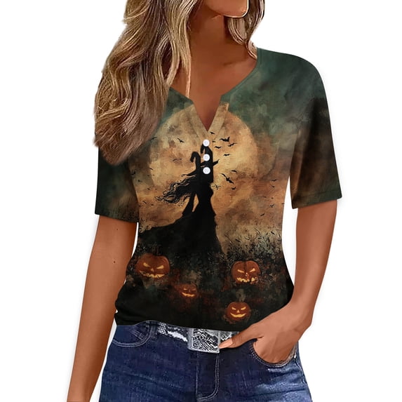 Domuza Womens Halloween Shirts V Neck Short Sleeve Casual Holiday Henley Tshirts Fall Spooky Novelty Print Retro Button Down Tees-I L