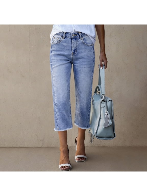Womens Jean Capris Casual Baggy High Waisted Straight-Leg Cropped Jeans New Fashion Flare Y2k Denim Capri Pants Light Blue M