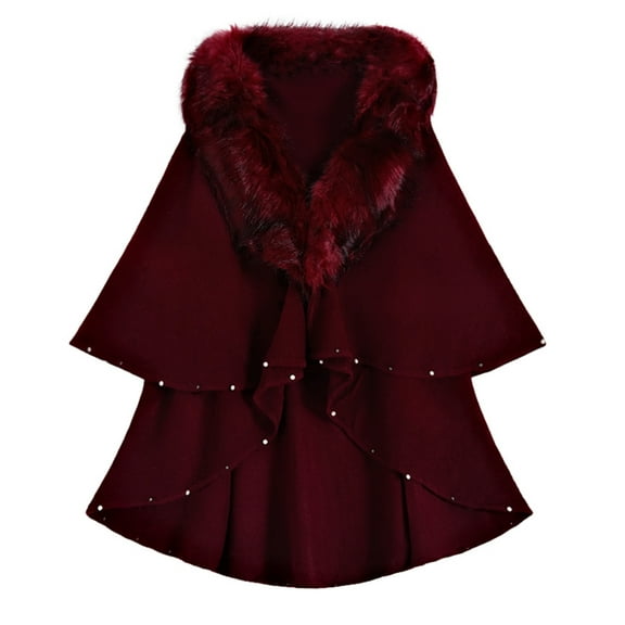 Domuza Womens Luxury Faux Fur Warm Cape Cloak Coat Fur Wrap Bridal Stoles Wedding Fur Shawl Wine