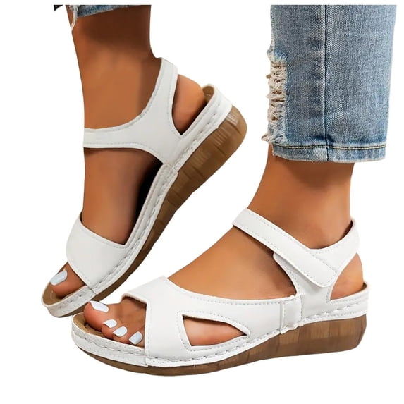Domuza Womens Orthopedic Sandals Arch Support Flat Wedge Sandals Wide Non Slip Slip on Hiking Shoes Beach Vacation 2026 Foam Shoes White 9(EU-42)