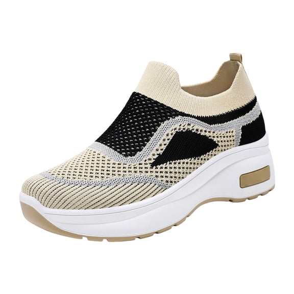 Domuza Womens Orthopedic Shoes Arch Support Non Slip Slip on Nurse Shoes Lightweight Knitted Mesh Stretch Server Shoes Soft 2026 Foam Shoes Beige 7.5（EU-39）