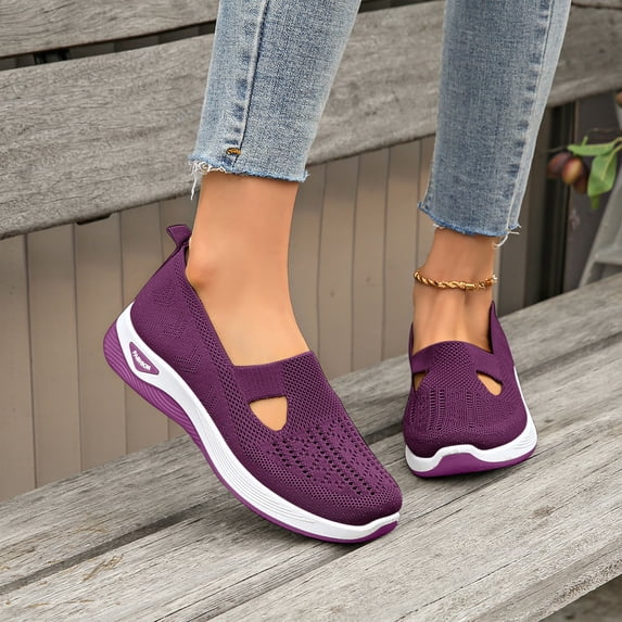 Domuza Womens Orthopedic Shoes Arch Support Non Slip Slip on Nurse Shoes Lightweight Mesh Stretch Business Casual Shoes Comfortable New Foam Shoes Dark Purple 5(EU-35)
