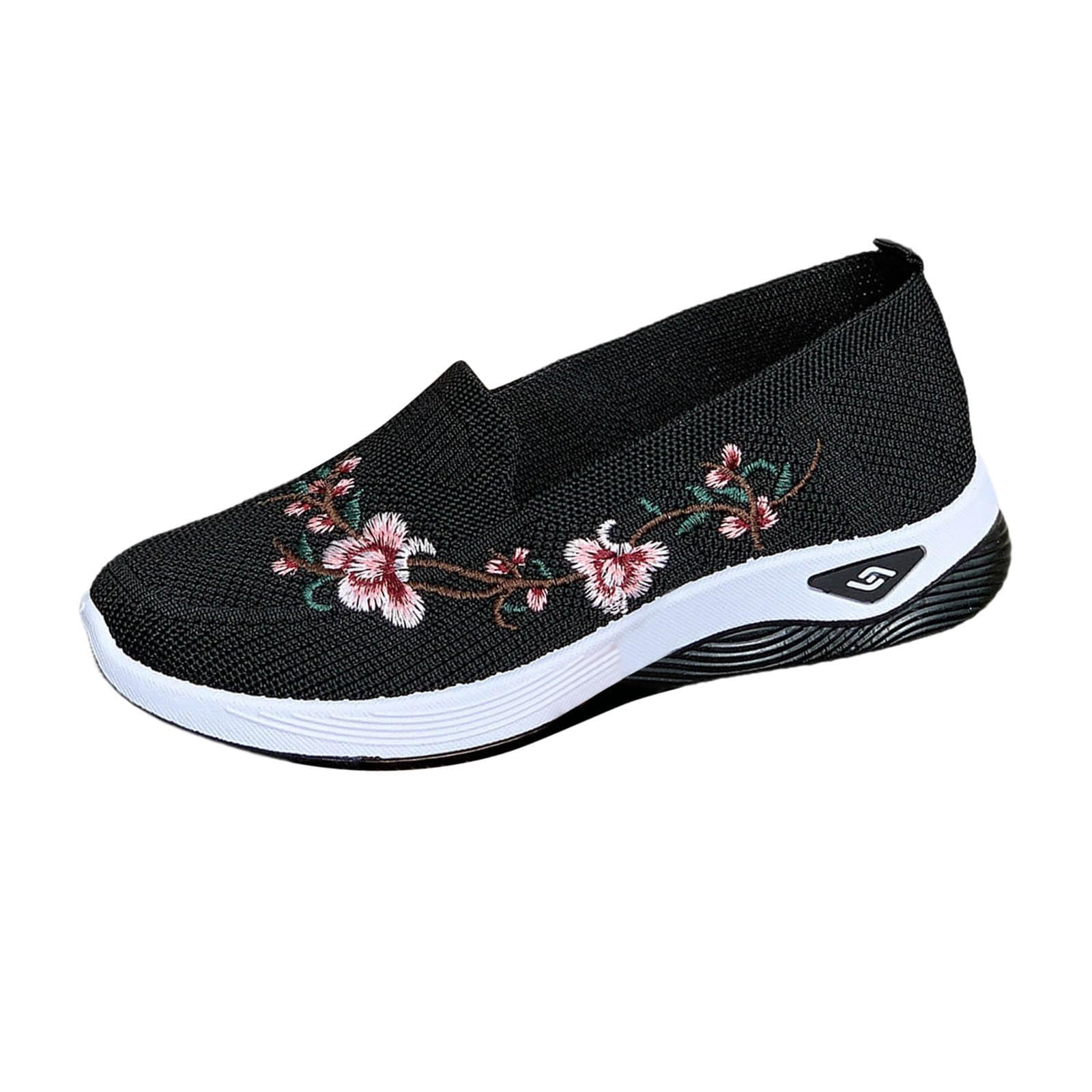 Domuza Womens Orthopedic Shoes Flower Embroidered Slip On Knitting Flat ...