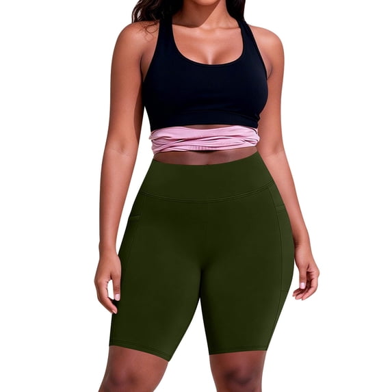 Domuza Womens Plus Size Biker Yoga Shorts with Pocket, High Waisted Tummy Control Workout Elastic Athletic Gym Shorts Army Green 3XL