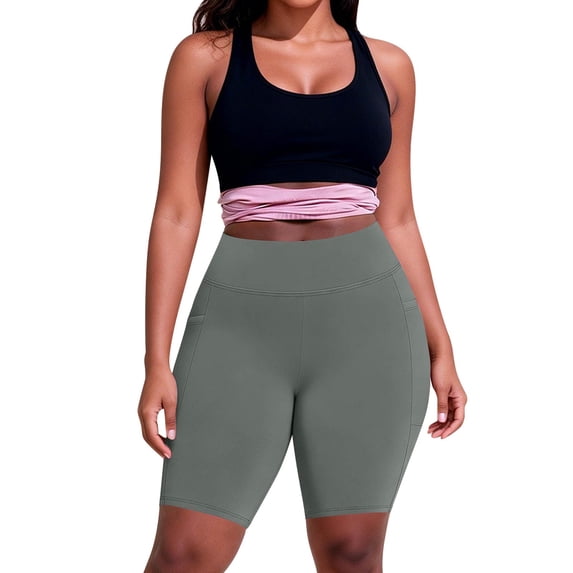 Domuza Womens Plus Size Biker Yoga Shorts with Pocket, High Waisted Tummy Control Workout Elastic Athletic Gym Shorts Light Gray 5XL