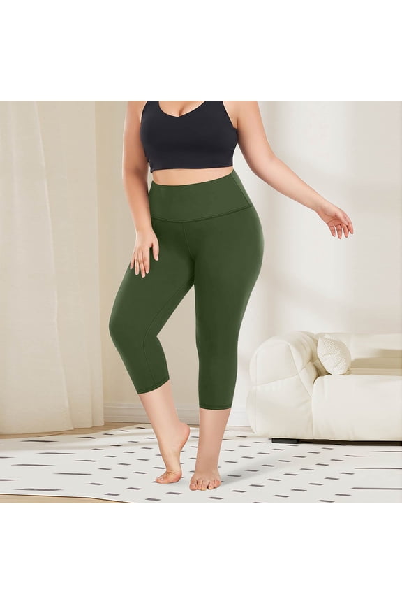 Womens Plus Size Workout Capri Leggings with Pockets Reflective Buttery Soft High Waisted Tummy Control Yoga Pants Army Green XL