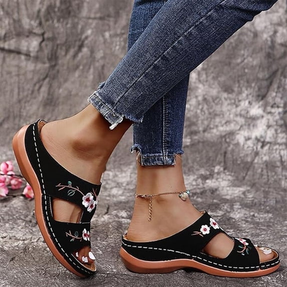 Domuza Womens Sandals Dressy Flat Arch Support Orthotic Slides Comfortable Walking Orthopedic Summer Beach Shoes Black 5.5(EU-36)