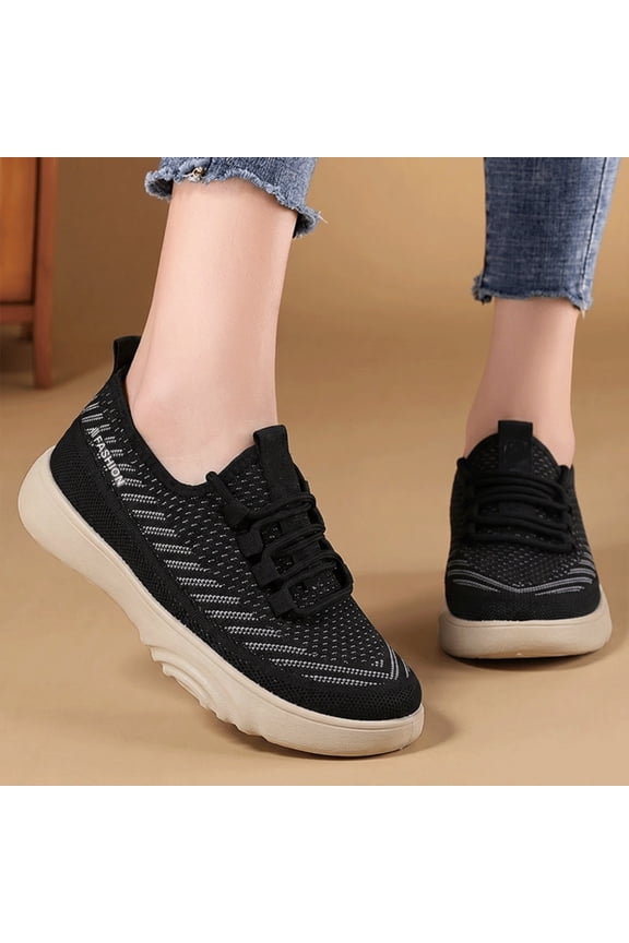 Womens Striped Fly Knit Slip On Sneakers, Elastic No-Tie Lace Lightweight Platform Casual Walking Shoes with Fashion Letter Detail Black 5.5(EU-36)