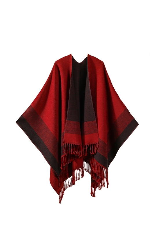 Womens Tassel Shawl Wraps Open Front Poncho Cape Fashion Reversible Blanket Scarf Travel Cardigan Sweater Red