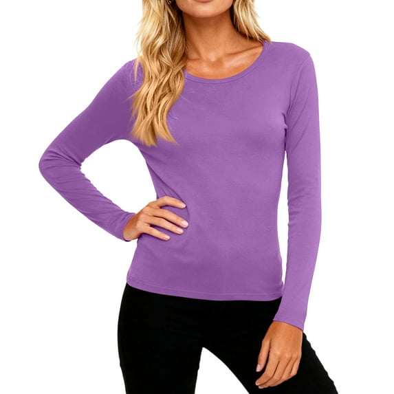 Domuza Womens Under Scrubs Top Crew Neck Long Sleeve Solid Color T Shirts Fall Winter Thermal Soft Comfort Regular Fit Base Layer Pullover Purple L
