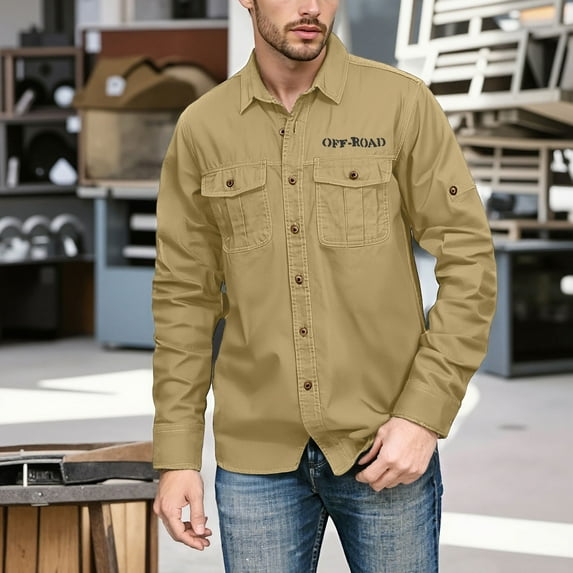 Domuza Work Long Sleeve Shirts for Men Breathable Lightweight Button Down Hiking Shirt Classic Western Casual Vintage Loose Fit T Shirts with Chest Pockets Khaki M