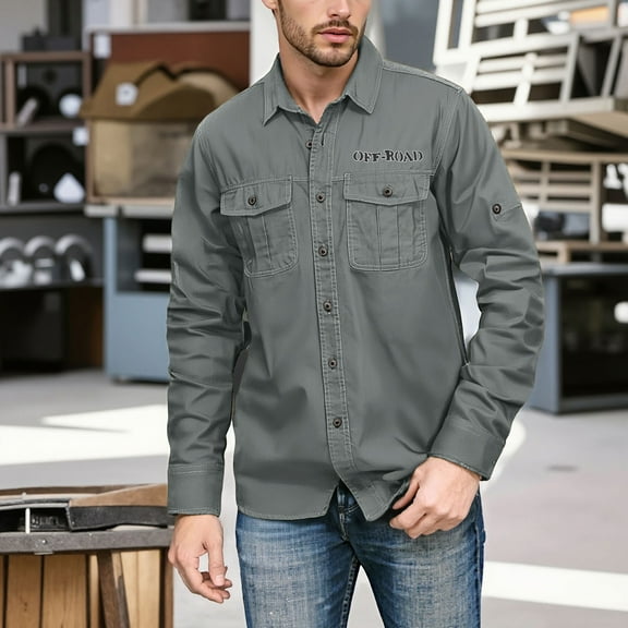 Domuza Work Shirts for Men Long Sleeve Breathable Lightweight Button Down Hiking Shirt Classic Western Casual Vintage Baggy T-Shirt with Pockets Gray XXL