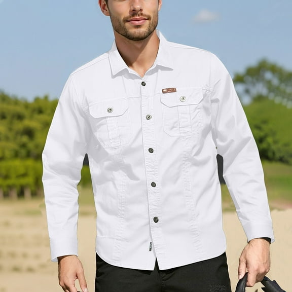 Domuza Work Shirts for Men Long Sleeve Lightweight Breathable Button Up Hiking Shirt Classic Western Casual Retro Relaxed Fit T-Shirts with Chest Pockets White XL
