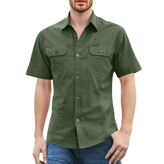 Domuza Work Short Sleeve Shirts for Men Lightweight Breathable Button Down Hiking Shirt Classic Western Casual Vintage Relaxed Fit T-Shirt with Two Pockets Army Green L