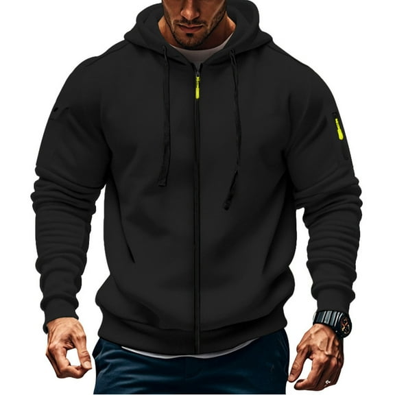 Domuza Zippered Hoodies for Men Stylish Casual Long Sleeve Drawstring Hooded Sweatshirt Fall Winter Thermal Big and Tall Solid Coat with Pockets Black XL