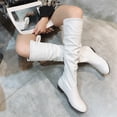 thumbnail image 1 of Domuza boots for women，Round Toe Back Lace Up Knee High Boots, Ruched Low Heel Casual Leather Tall Boots White 7.5（EU-39）, 1 of 4