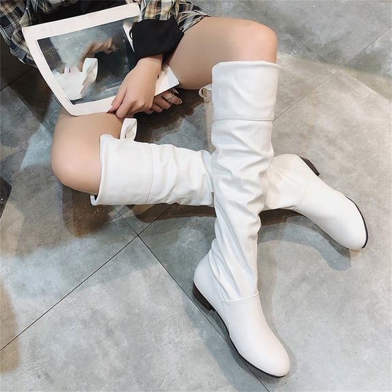 Domuza boots for women,Round Toe Back Lace Up Knee High Boots, Ruched Low Heel Casual Leather Tall Boots White 7.5(EU-39)