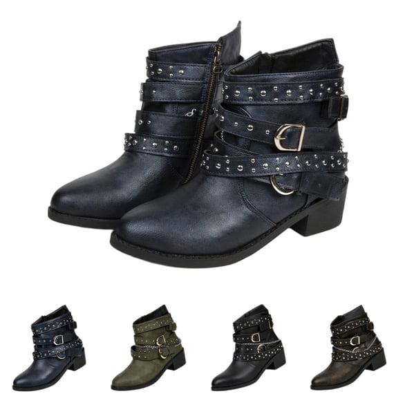 Domuza boots for women ,Studded Buckle Chain Decor Pointed Toe Ankle Boots, Side Zipper Block Heel Casual Short Boots Blue 6.5(EU-37)