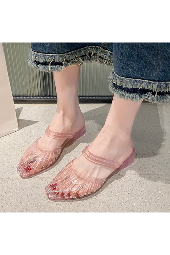 jelly sandals for women, Hollow Out Closed Toe Mules with Ankle Strap, Glitter Slip-On Low Heel Water Shoes for Summer Beach Casual Wear Pink 7（EU-38）