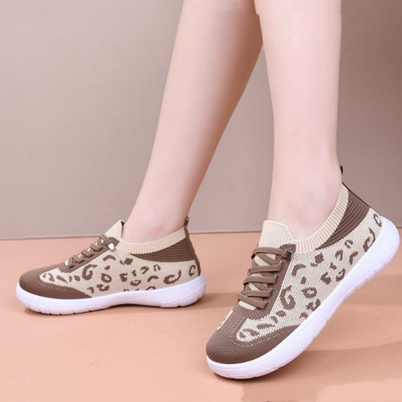 Domuza orthopedic shoes for women ,Leopard Print Fly Woven Sneakers, Breathable Knit Slip On Lace Up Casual Walking Shoes Coffee 8.5(EU-41)