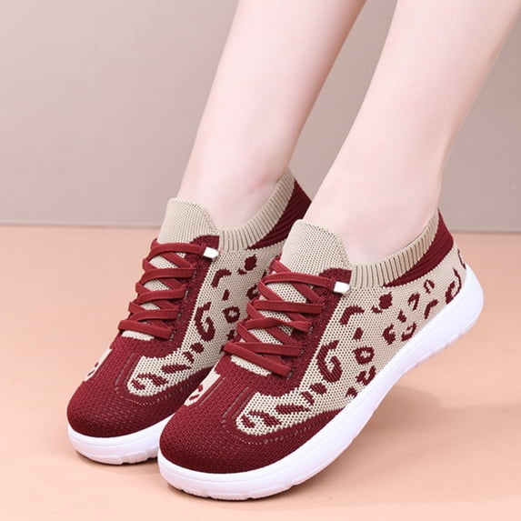 Domuza orthopedic shoes for women ,Leopard Print Fly Woven Sneakers, Breathable Knit Slip On Lace Up Casual Walking Shoes Red 5.5(EU-36)