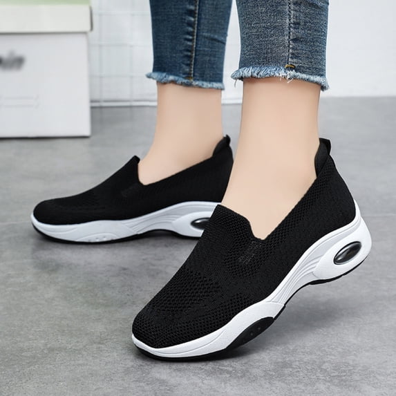 Domuza orthopedic shoes for women,Thick Sole Breathable Fly Woven Arch Support Shoes, Lightweight Height Increasing Slip On Casual Walking Sneakers Black 8(EU-40)