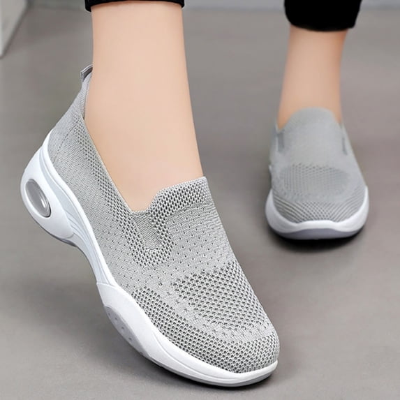 Domuza orthopedic shoes for women,Thick Sole Breathable Fly Woven Arch Support Shoes, Lightweight Height Increasing Slip On Casual Walking Sneakers Gray 7(EU-38)