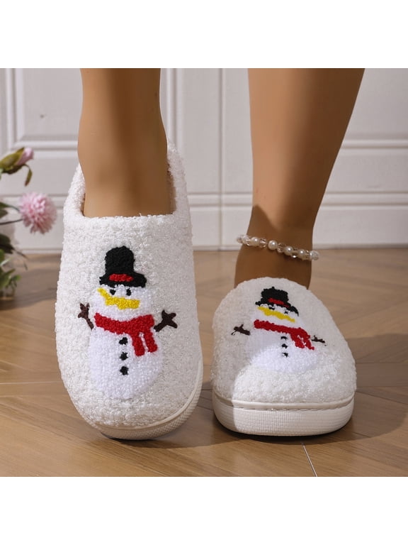 slippers for women,Cartoon Embroidered Christmas Snowman Plush Slippers, Cozy Warm Closed Toe House Slippers for Indoor Holiday Home Wear White 10.5(EU-44)