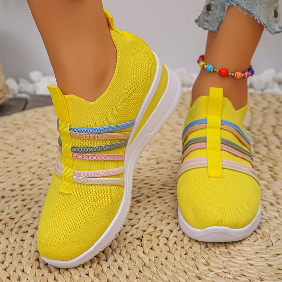 Domuza walking shoes for women, Colorful Elastic Strap Wedge Sneakers, Breathable Knit Slip-On Platform Casual Shoes for Daily Travel Yellow 8.5(EU-41)