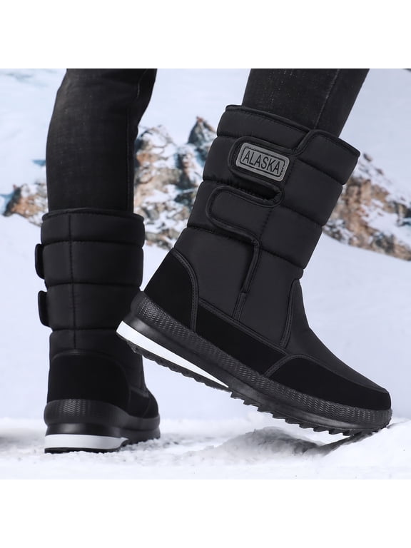 winter boots for women,Warm Fleece Lined Snow Boots, Waterproof Fabric Patch Mid Calf Winter Boots Black 11.5(EU-46)